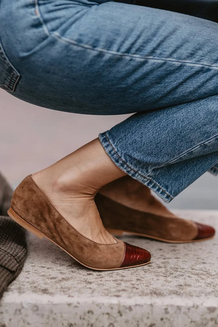 Patchwork Pointed Toe Casual Slip On Brown Flats