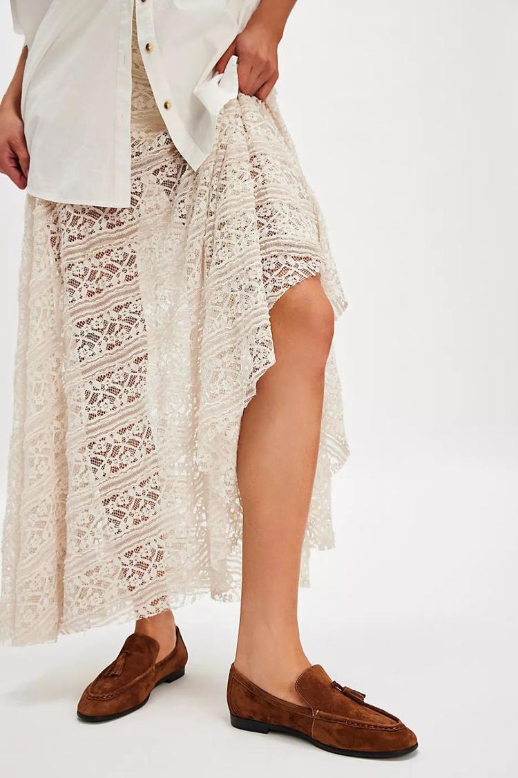 Quilted Tassels Trim Round Toe Slip On Brown Flats