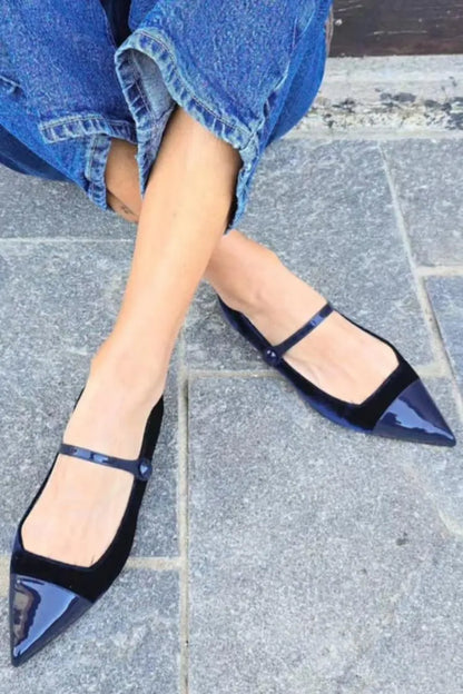 Instep Strap Velvet Patchwork Pointy Toe Navy Flats