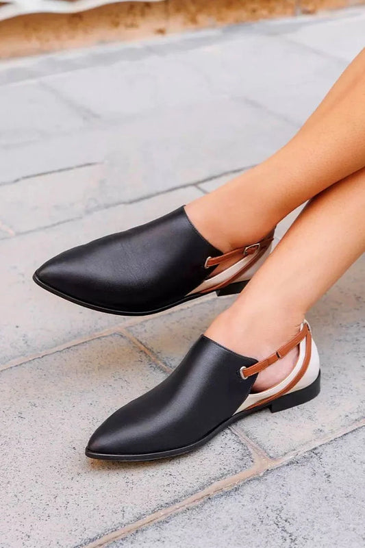 Strap Crossover Colorblock Buckle Pointed Toe Black Flats
