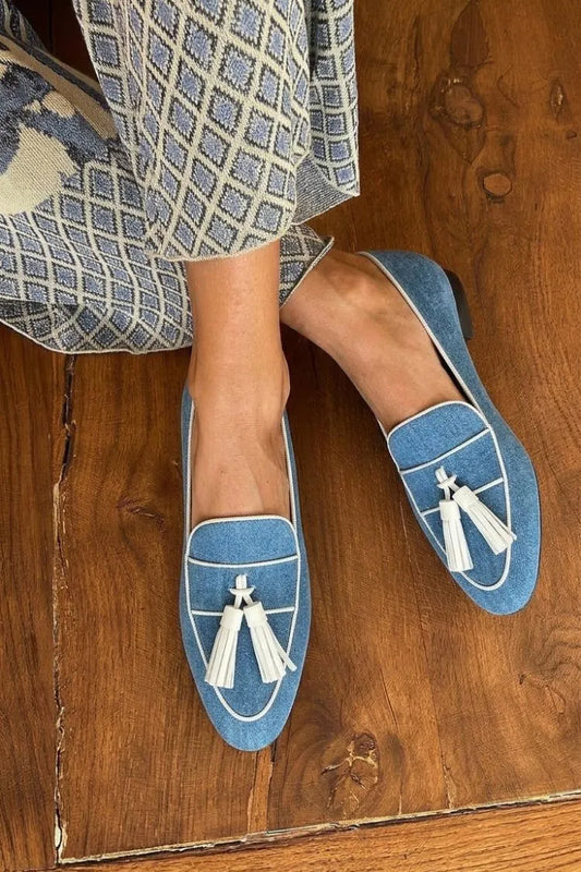 Minimalist Contrast Piping Denim Tassel Flats