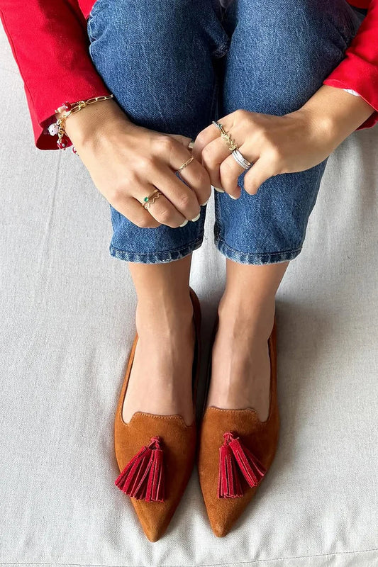 Colorblock Tassels Decor Pointed Toe Brown Flats
