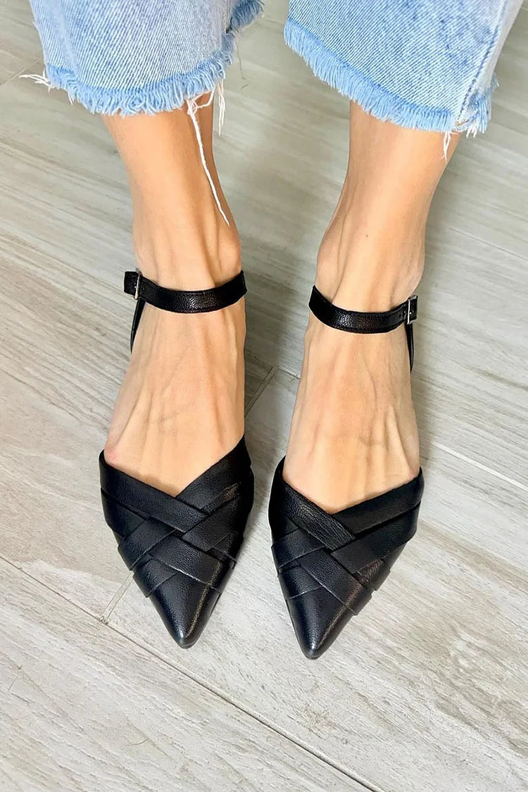 Refined Woven Ankle Strap Pointed Buckle Toe Black Flats