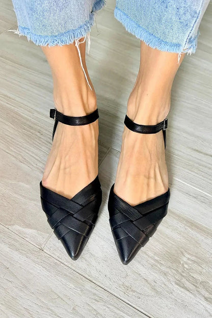 Refined Woven Ankle Strap Pointed Buckle Toe Black Flats
