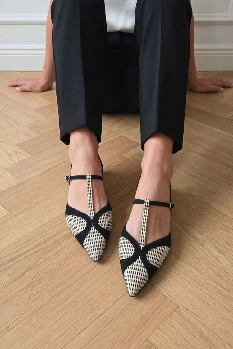 Black& White Geometric T-Strap Pointed Toe Flats