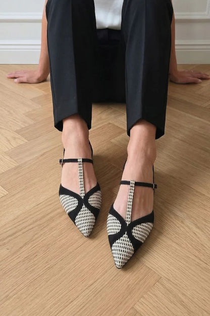 Black& White Geometric T-Strap Pointed Toe Flats