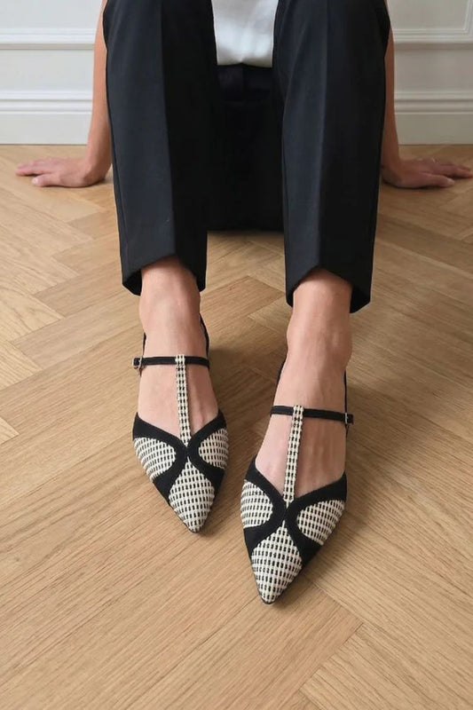 Black& White Geometric T-Strap Pointed Toe Flats