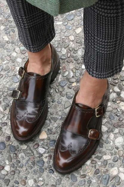 Glossy Leather Double Buckle Wingtip Flats
