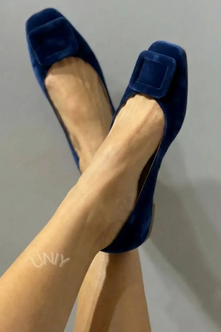 Velvet Square Buckle Soft Square Toe Flats