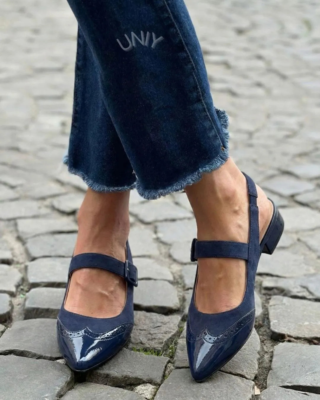 Vintage Navy PU Leather Brogue Mary Jane Slingback Flats