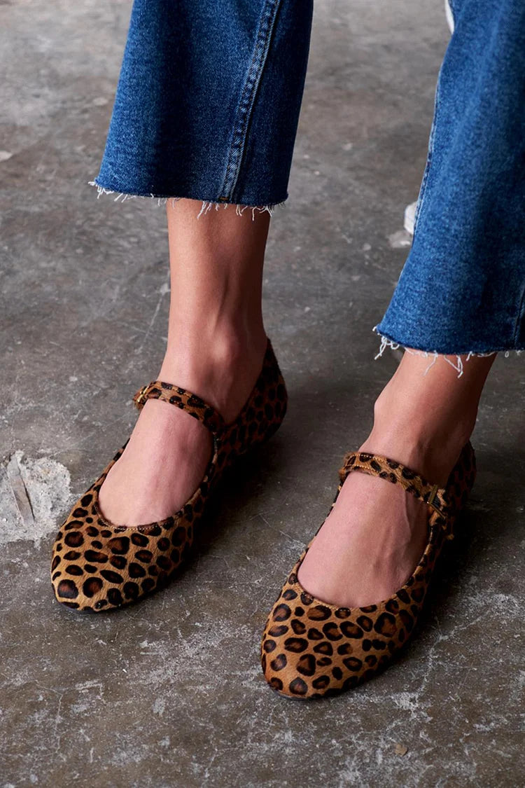 Leopard Print Instep Strap Buckle Brown Flats