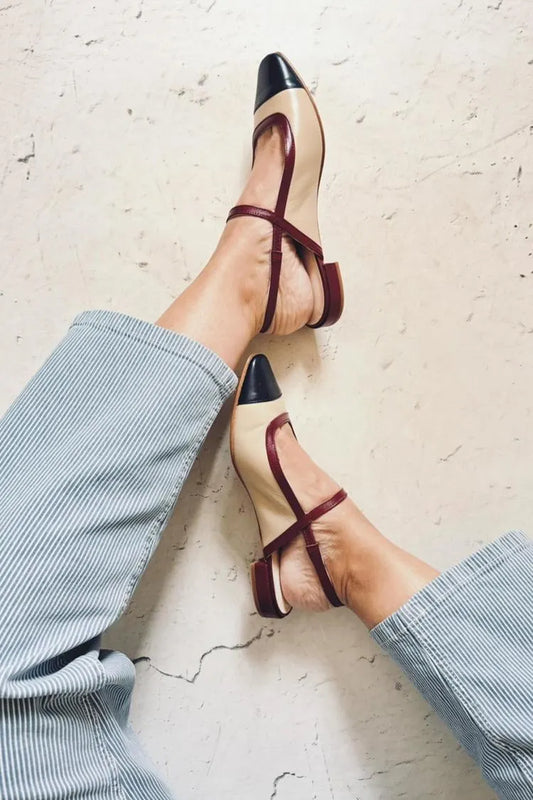 Patchwork Square Toe Contrast Trim Slingback Khaki Flats