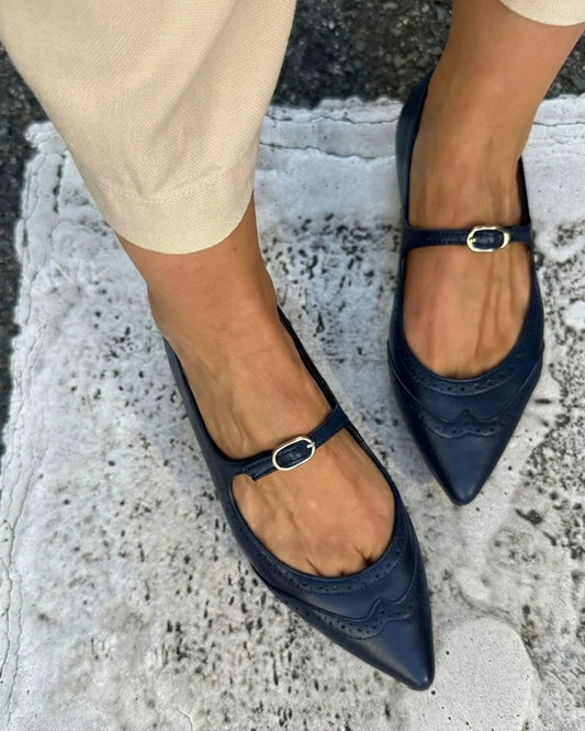 Vintage Pointed Toe Brogue Mary Jane Strap Versatile Flats