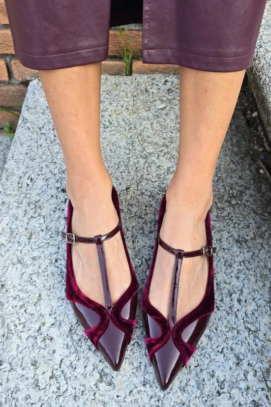 Velvet Patchwork T-Strap Buckle Pointy Toe Burgundy Flats