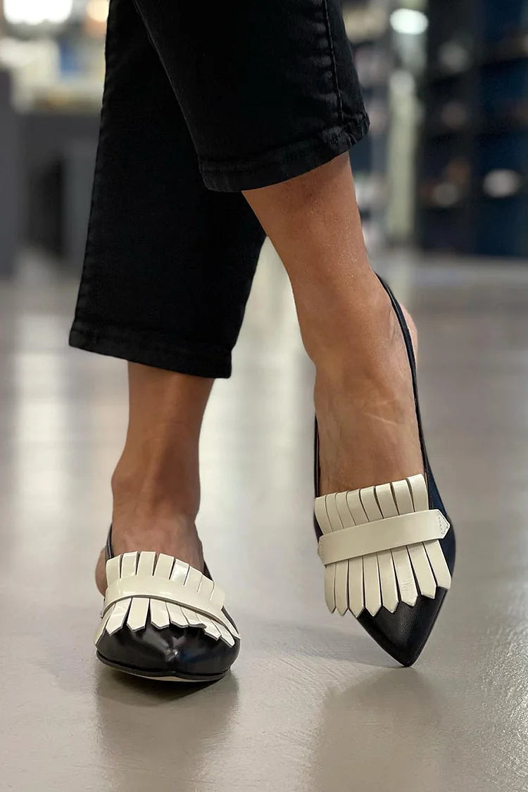 Fringed Trim Pointy Toe Strap Slingback Retro Flats
