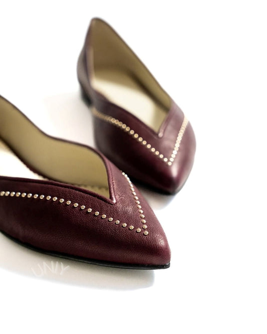 Burgundy V-Cut Studded Detail Pointed Toe Slip-On Flats