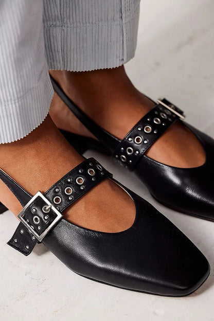 Black Metallic Square Toe Slingback Eyelets Flats