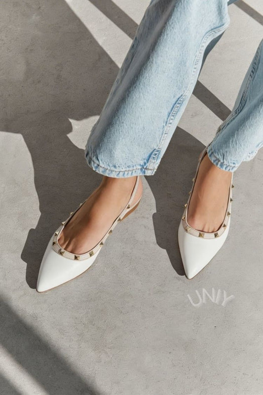 Chic Ivory White Studded Pointed Toe Slingback Flats