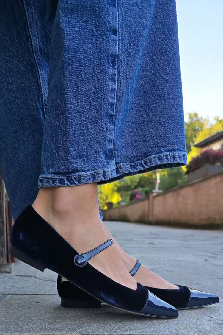 Instep Strap Velvet Patchwork Pointy Toe Navy Flats
