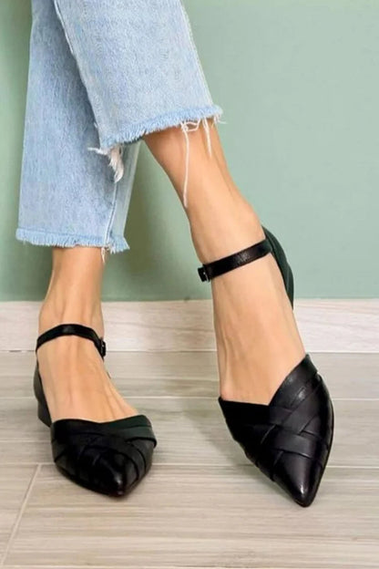 Refined Woven Ankle Strap Pointed Buckle Toe Black Flats