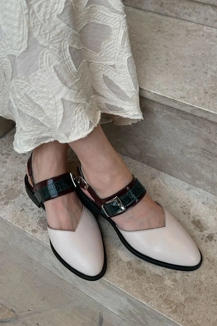 Comfortable Colorblock Beige Buckle Round Toe Strap Flats