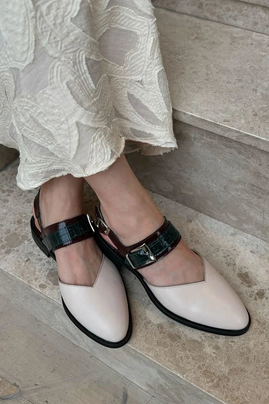 Comfortable Colorblock Beige Buckle Round Toe Strap Flats
