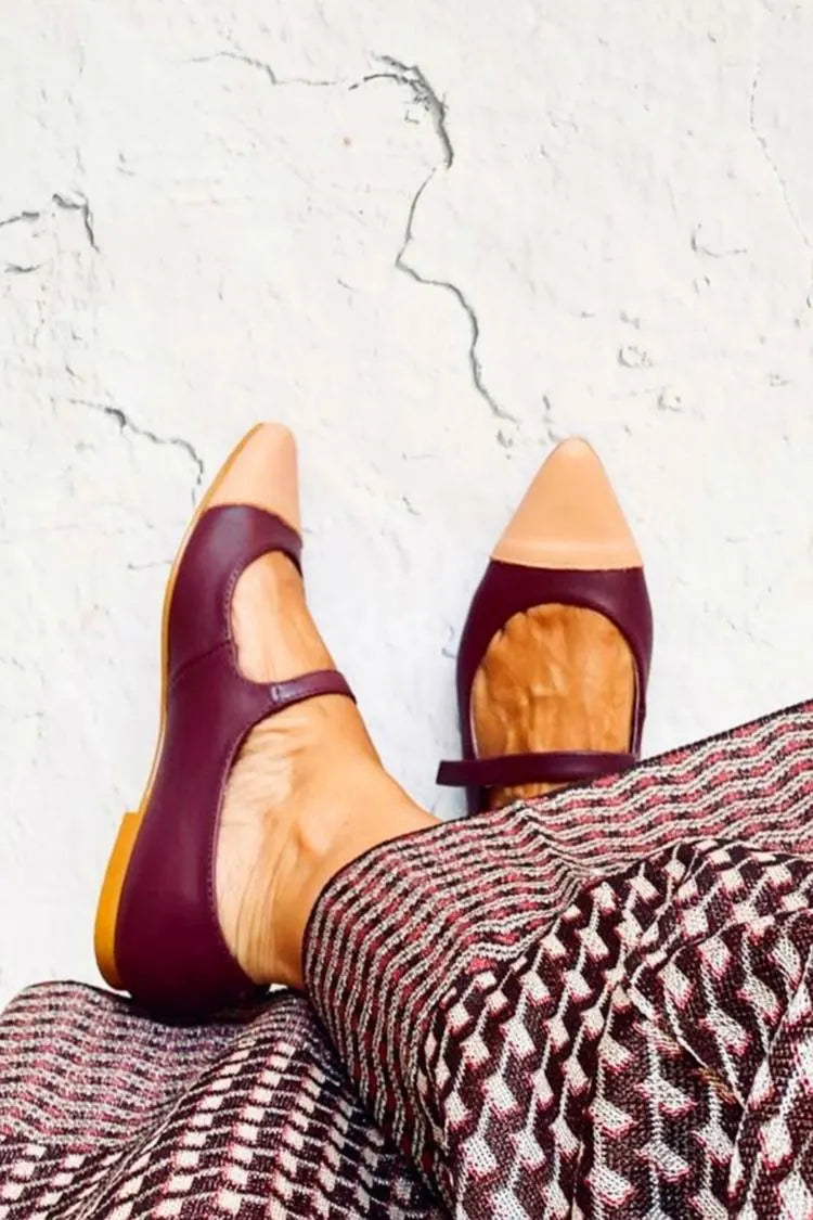 Instep Strap Colorblock Pointed Toe Burgundy Flats
