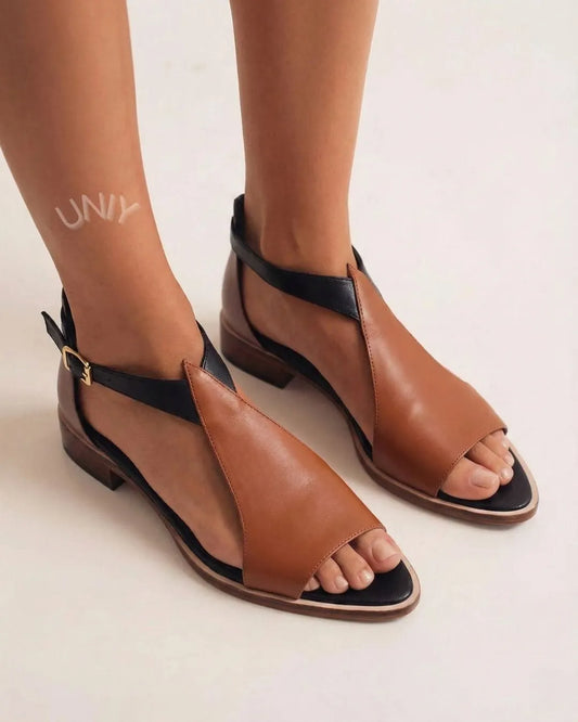 Brown Color Block Asymmetric Strappy Ankle Strap Flats [Pre Order]