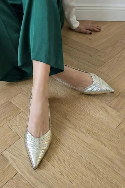 Minimalist Metallic Pleated Pointed Toe d'Orsay Flats