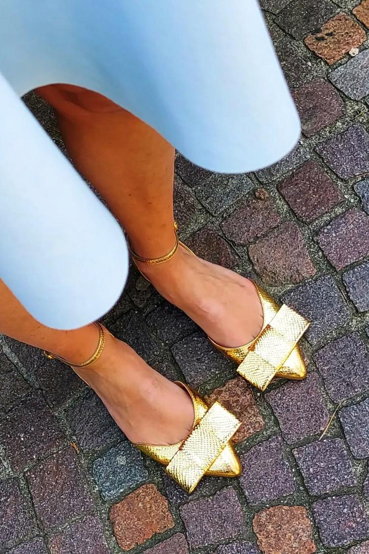 Bow Decor Ankle Strap Buckle Pointed Toe Gold Flats
