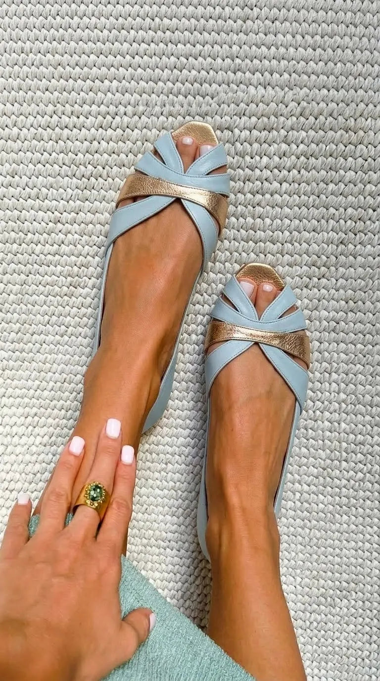 Dusty Blue and Metallic Gold Interlocking Peep Toe Flats