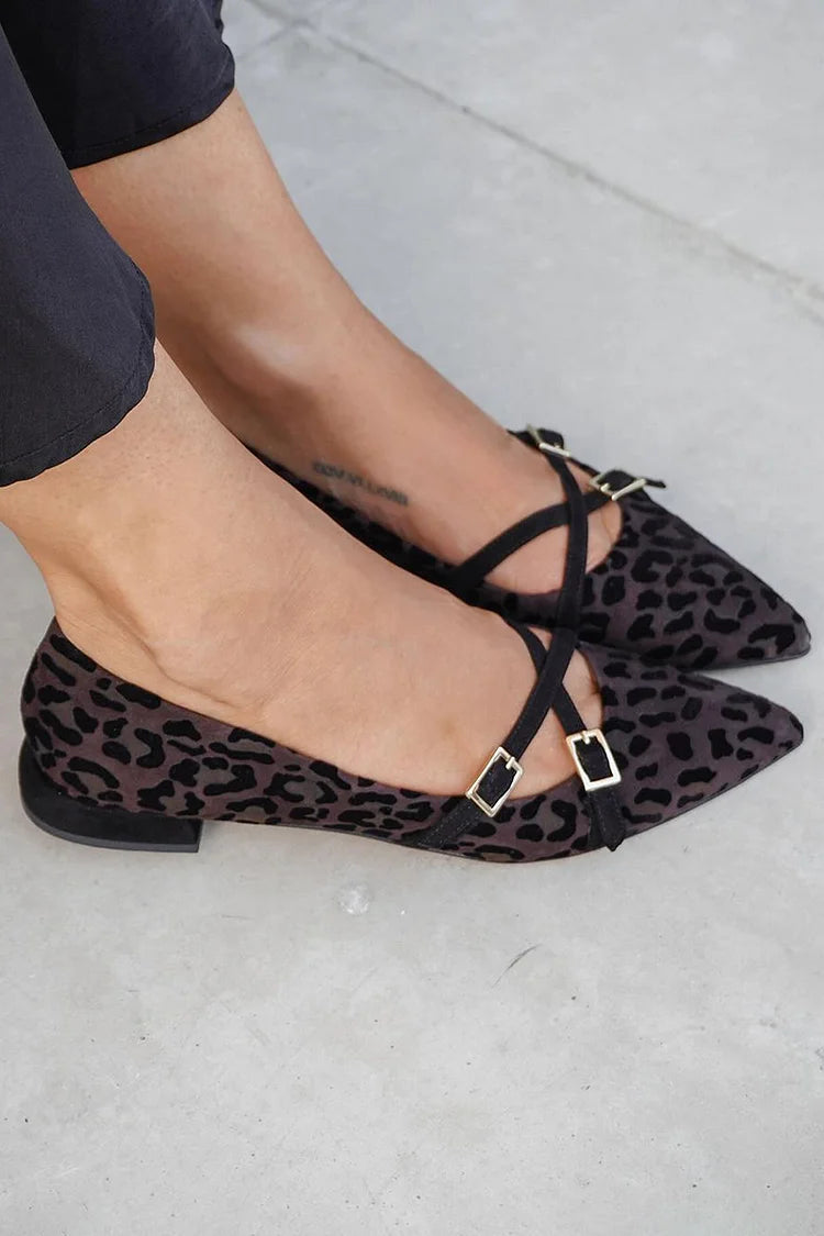 Cross Straps Buckles Pointed Toe Leopard Print Dark Brown Flats