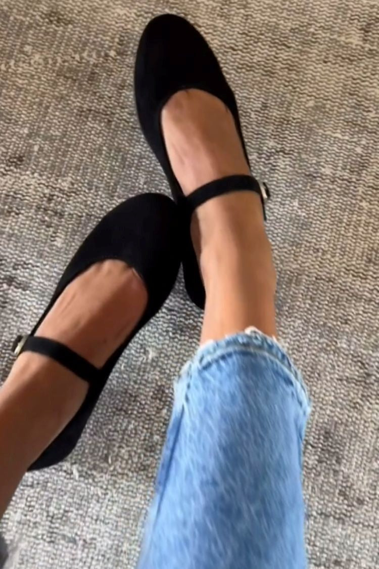 Black Faux Suede Mary Jane Round Toe Versatile Ballet Flats