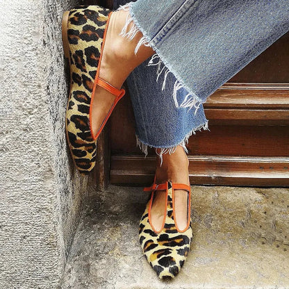 Leopard Pattern Hollow Out Pointy T-strap Toe Flats