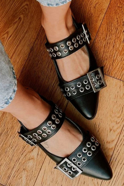 Metallic Eyelets Instep Strap Buckle Pointed Toe Black Flats