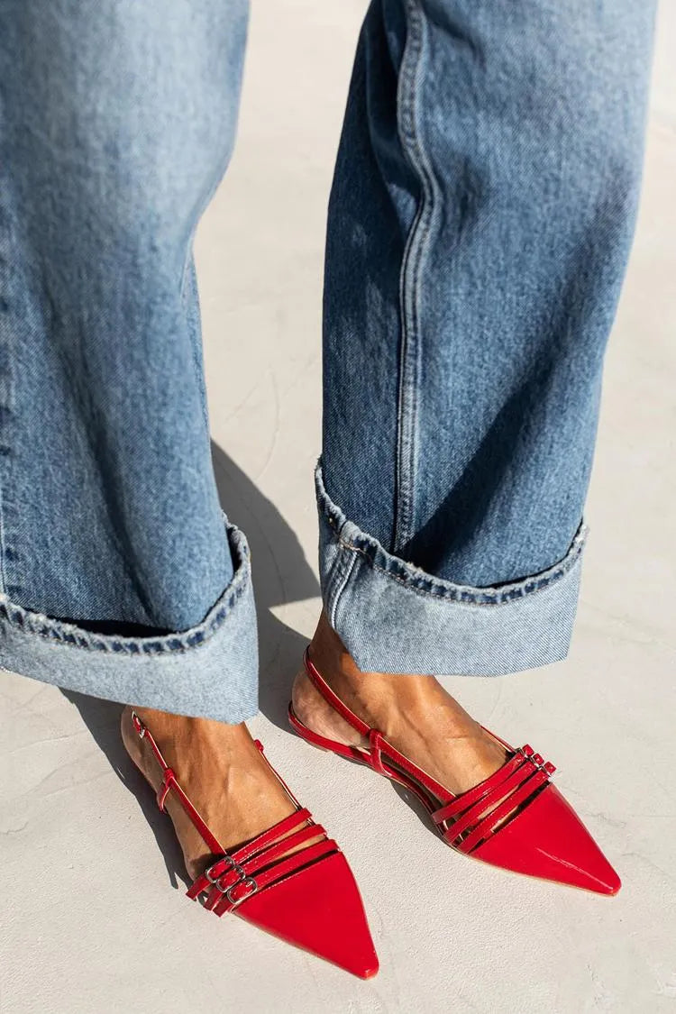 Multi Straps Buckles Pointed Toe Slingback Red Flats