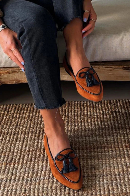 Pointed Toe Colorblock Tassels Decor Brown Flats