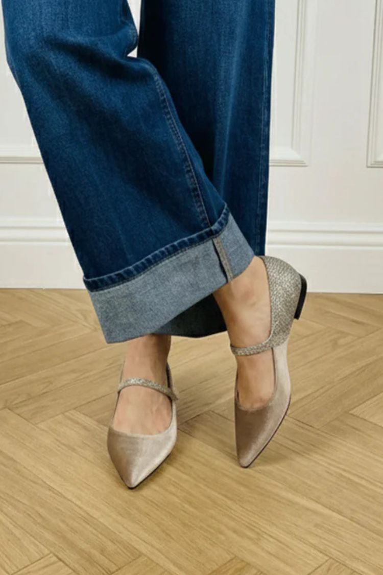 Pale Pink Velvet Pointed Toe Pearl Rhinestone Mary Jane Flats