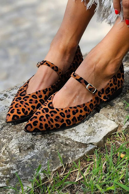 Leopard Print Instep Strap Buckle Pointed Toe Brown Flats