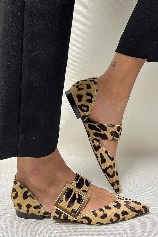 Pointed Toe Leopard Print Instep Strap Buckle Khaki Flats