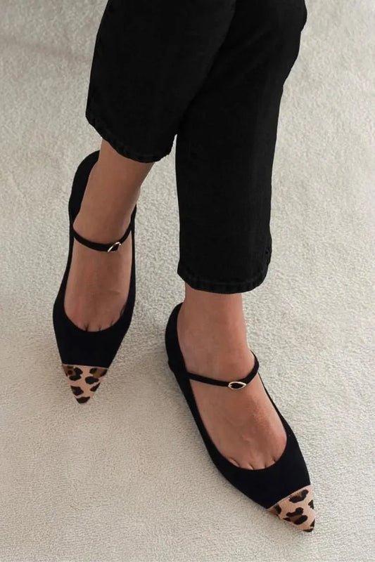 Black Suede Leopard Patchwork Pointed Mary Jane Flats