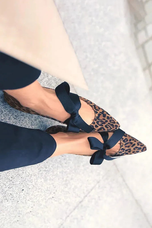Leopard Print Tied Up Pointed Toe Brown Flats