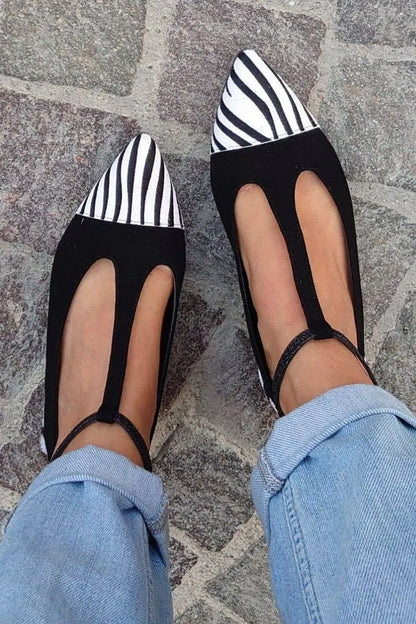 Suede Colorblock T-Strap Pointy Flats