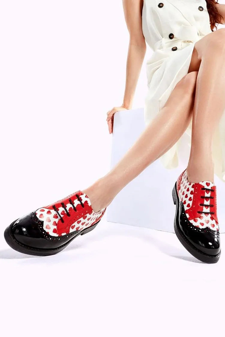 Heart Print Colorblock Round Toe Black Oxfords