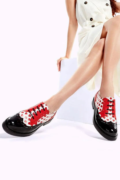 Heart Print Colorblock Round Toe Black Oxfords