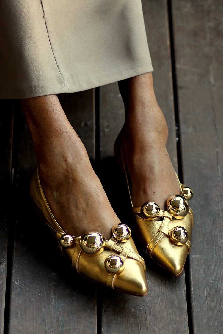 Metallic Sheen Round Rivets Decor Pointed Toe Gold Flats
