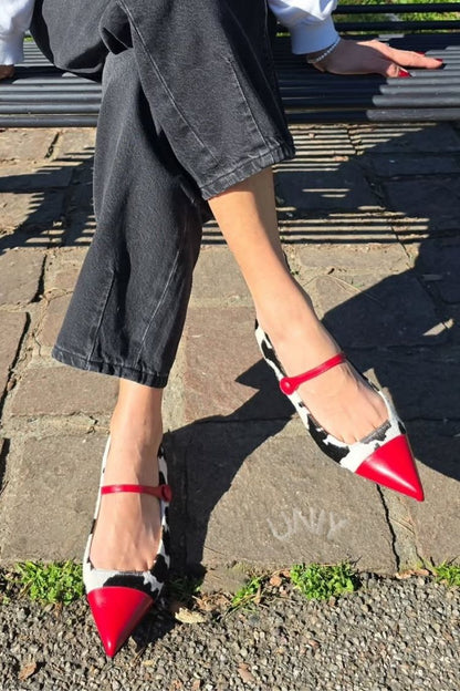 Red Color Block Pointed Toe Mary Jane Flats