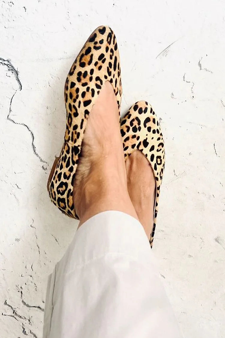 Leopard Print Pointed Toe Casual Beige Flats