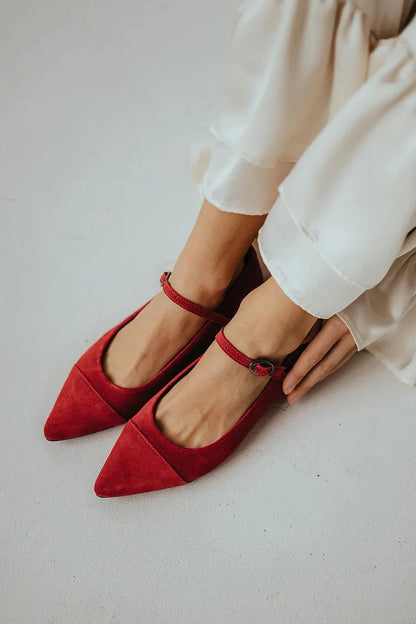 Patchwork Instep Strap Buckle Pointed Toe Red Flats