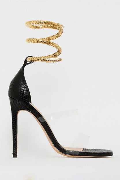 Light Gold Snake Ankle Transparent Strap Stiletto Sandals